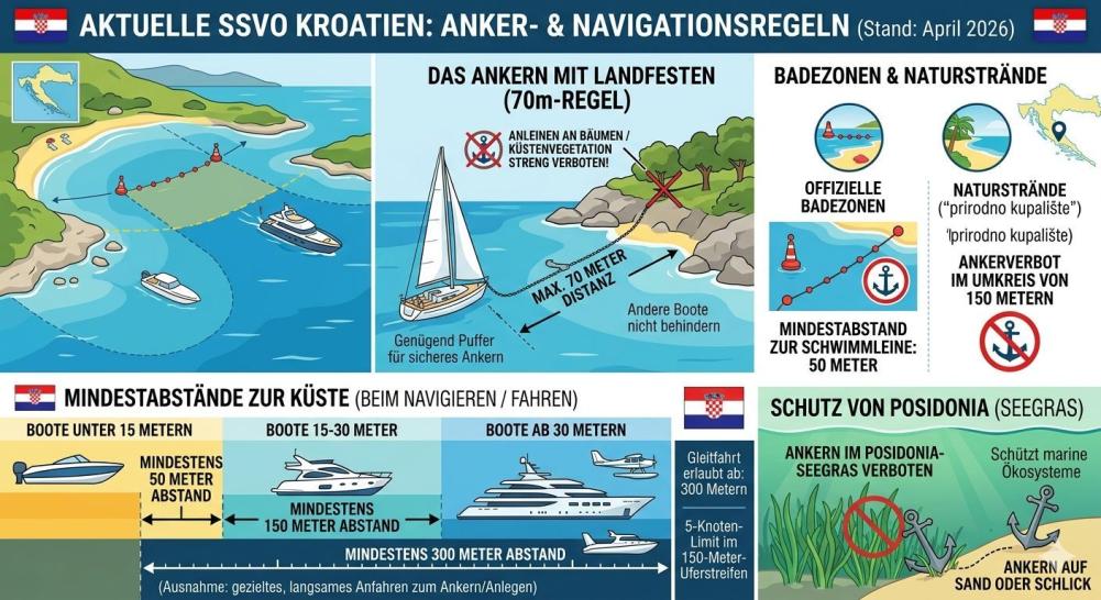 Infografik zu aktuellen Anker- und Navigationsregeln in Kroatien, die Mindestabstände und Schutzgebiete definiert.