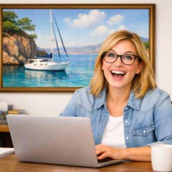 Frau sitzt mit Laptop beim Schreibtisch