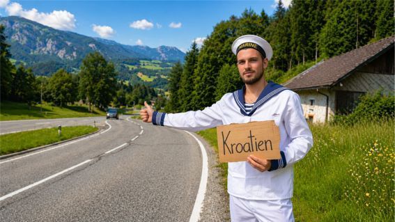 Foto eines Matrosen beim Autostopp nach Kroatien