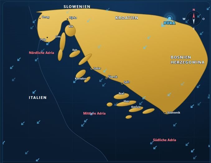 Karte der kroatischen Adria mit deren Winde
