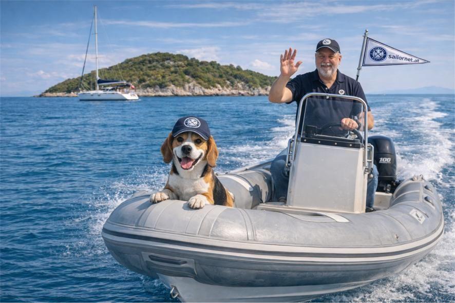 Hund und Skipper in einem Schlauchboot