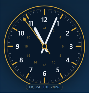 Ein stilisiertes Zifferblatt einer analogen Uhr.