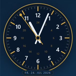 Ein stilisiertes Zifferblatt einer analogen Uhr.