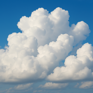 Große, bauschige Wolkenformationen am tiefblauen Himmel.